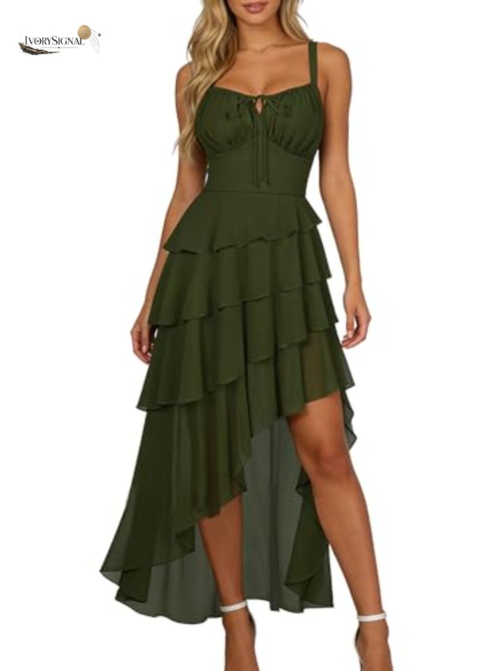 Chiffon Hi-Low Ruffle Tiered Dress with Pockets Adjustable Spaghetti Strap